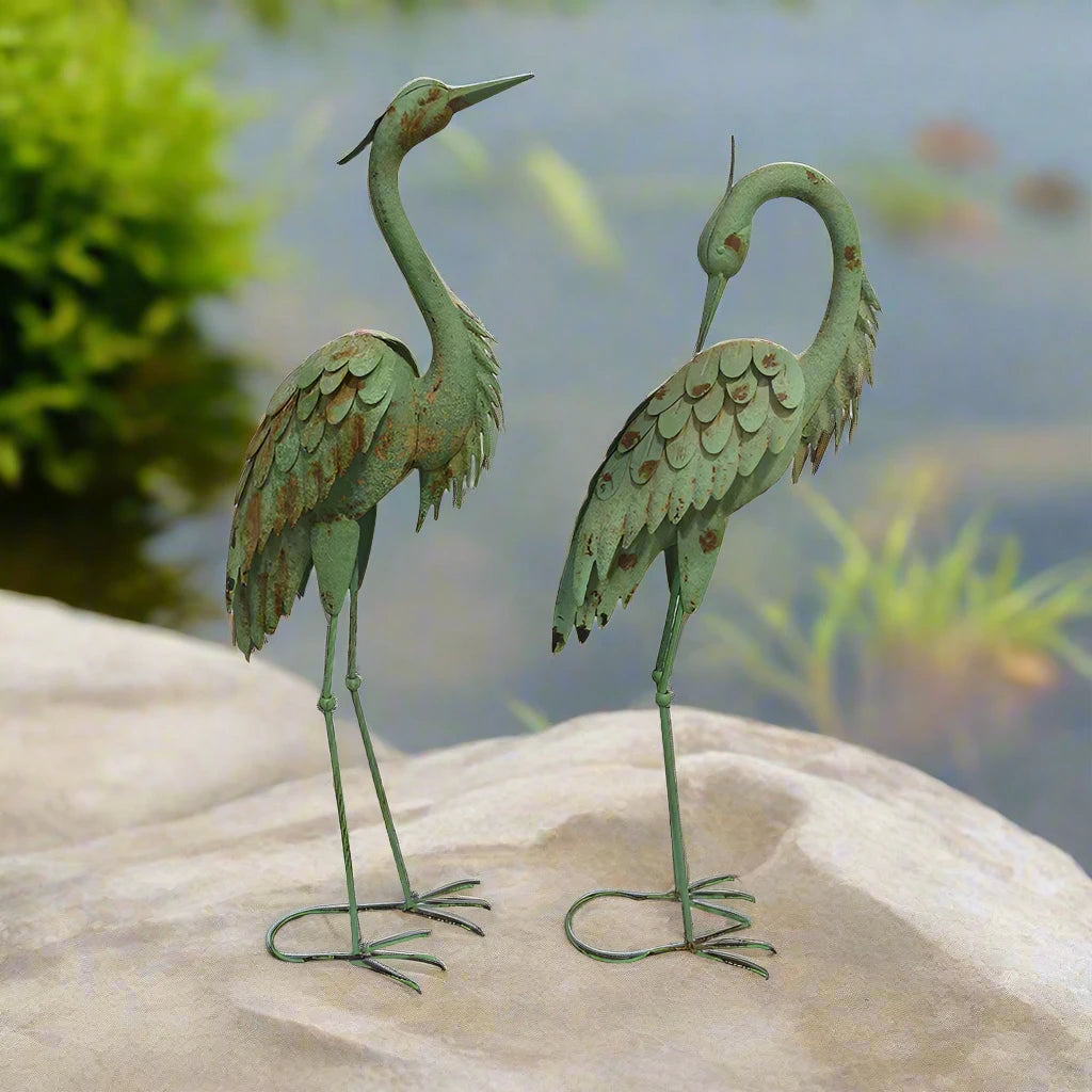 Willow & Silk Set/2 Asst Rust -Green Crane Bird Statues