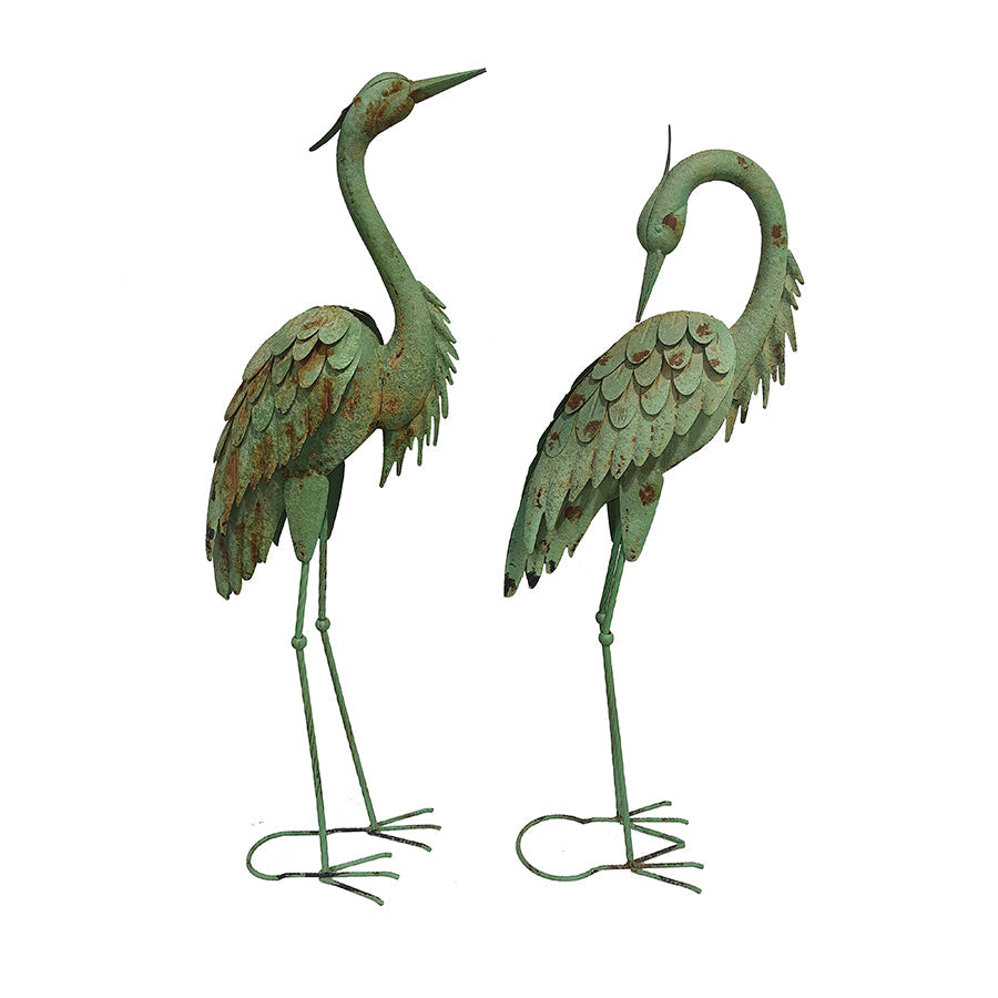Set/2 Asst Rust -Green Crane Bird Statues