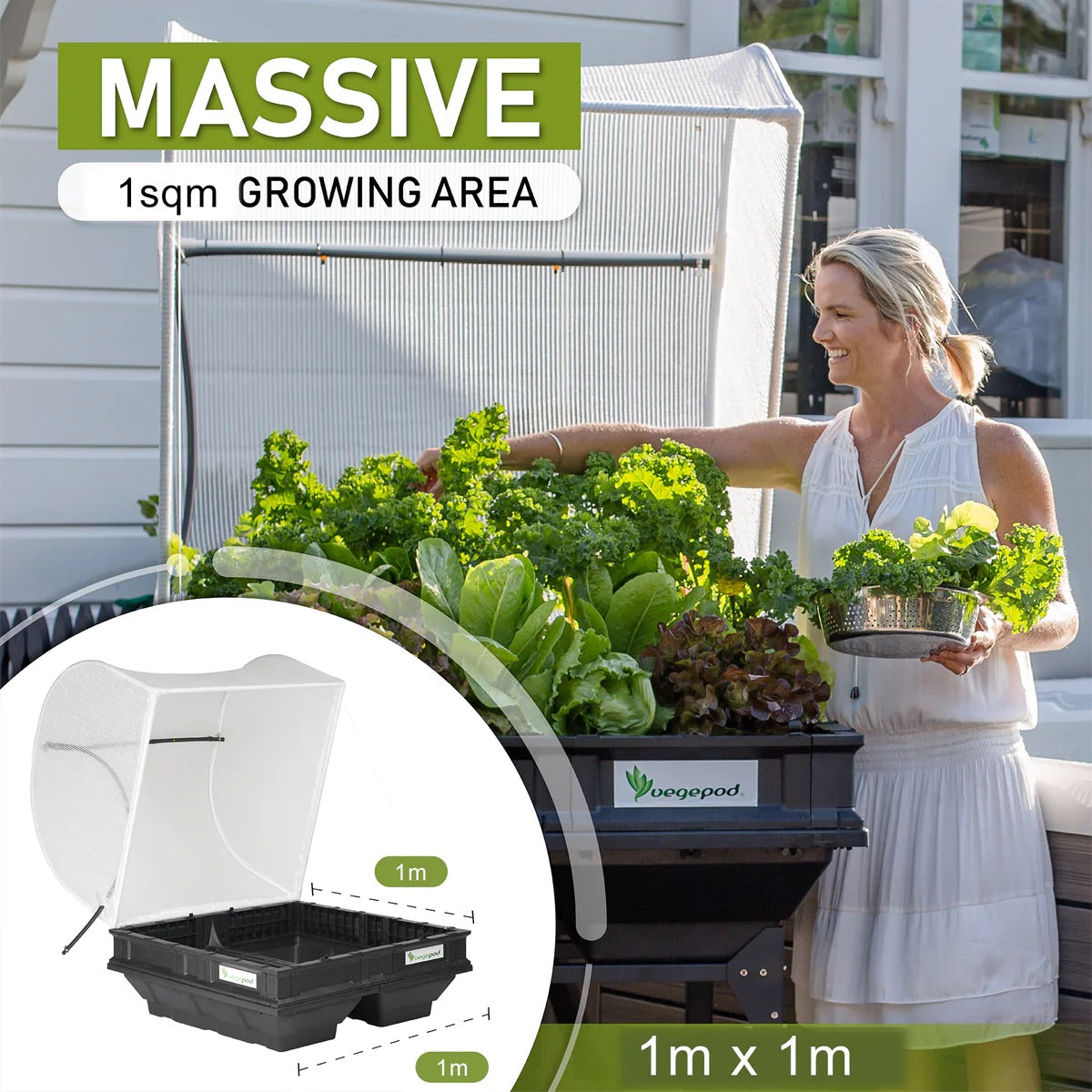 Vegepod Raised Garden Bed Medium 1m x 1m with VegeCover + Medium Trolley