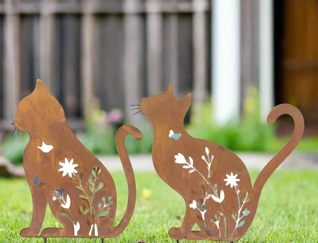 Set 2 Rust Cat Garden Stakes