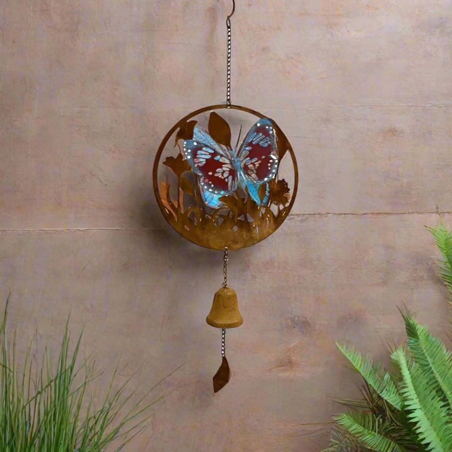 Willow & Silk Hanging Round 63cm Butterfly Rustic Metal Wall Art w/ Bell