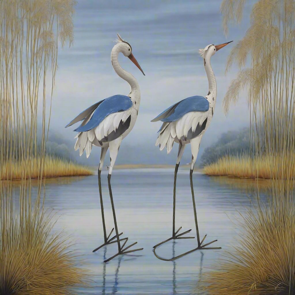 Willow & Silk Metal 87cm/84cm Set of 2 Coastal Egret Crane Couple