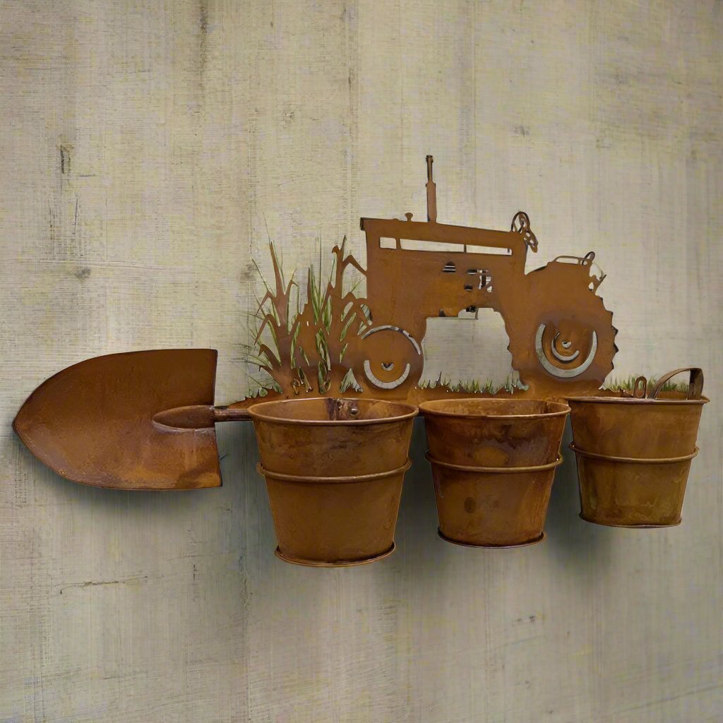 Willow & Silk Metal 60cm Rustic 3 Pot Wall Planter on Showel w/ Tractor