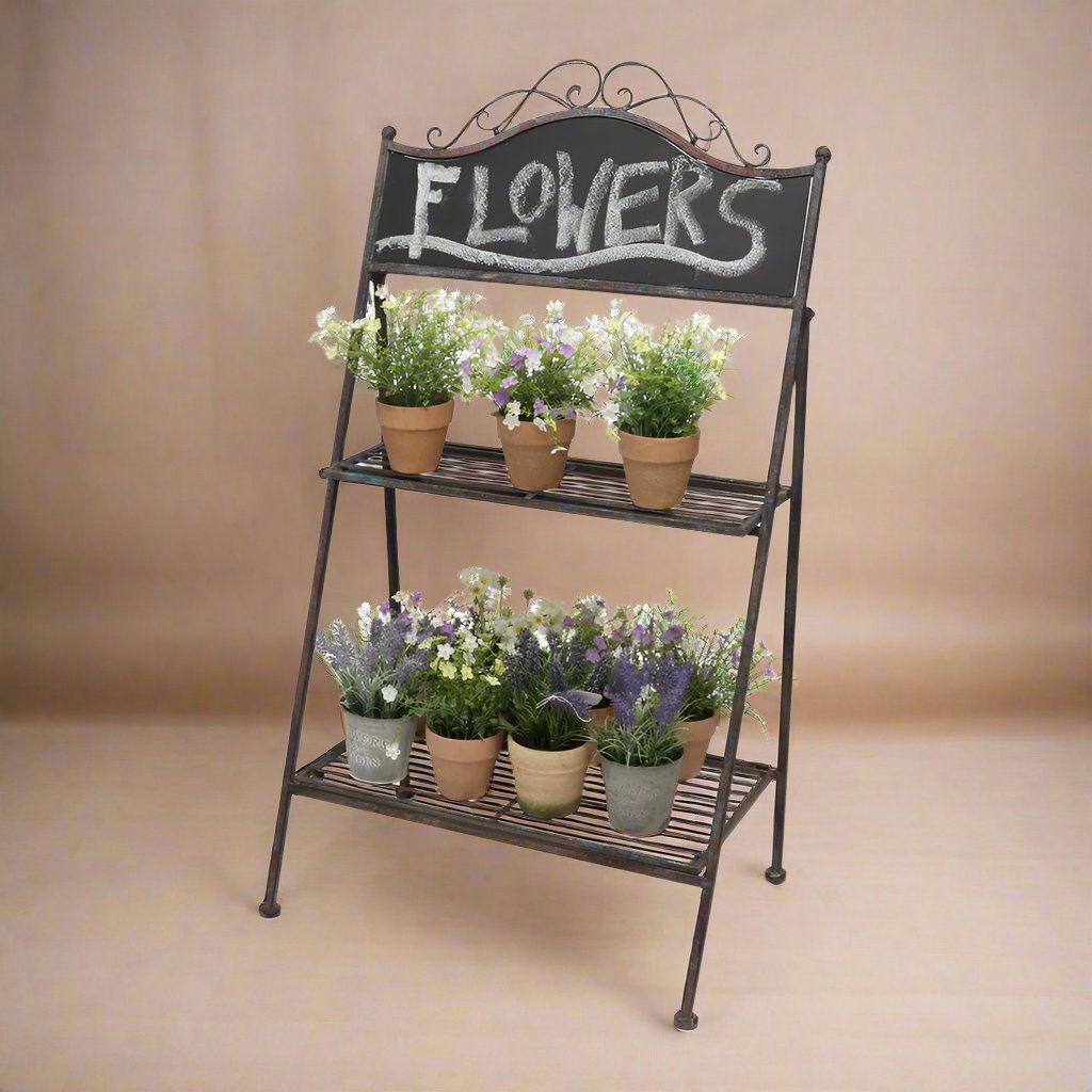 Willow & Silk Metal 110cm Brown 2-Shelf Garden Plant Stand w/ Chalkboard