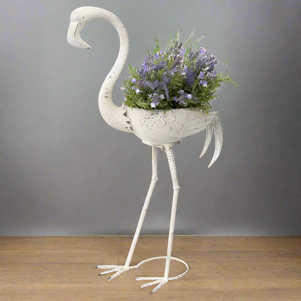 Willow & Silk Metal 84x52cm Standing White Bird Flamingo Garden Pot/Planter
