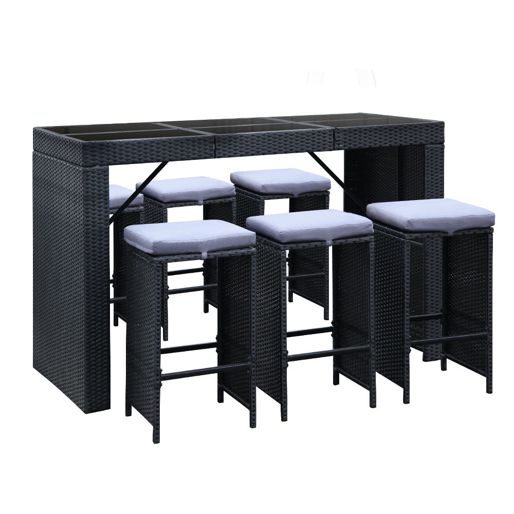 Gardeon 7-Piece Outdoor Bar Set β PE Wicker & Glass Table, 6 Stools, Black
