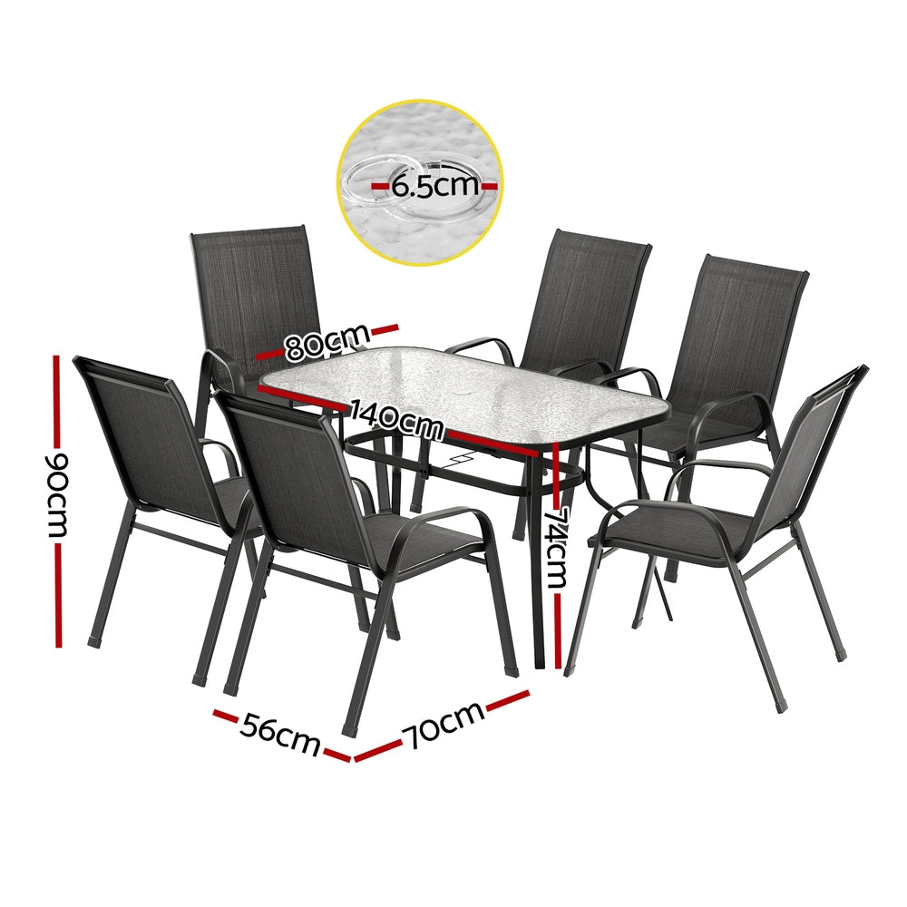 Gardeon 7-Piece Outdoor Dining Set β Glass Table & Mesh Chairs, Black