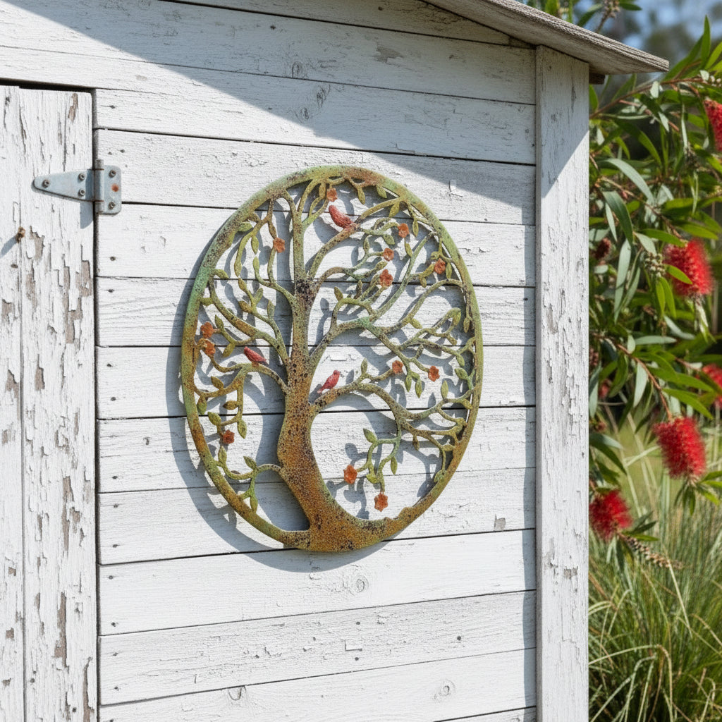 Decorative metal tree wall art with birds and flowers on a white background