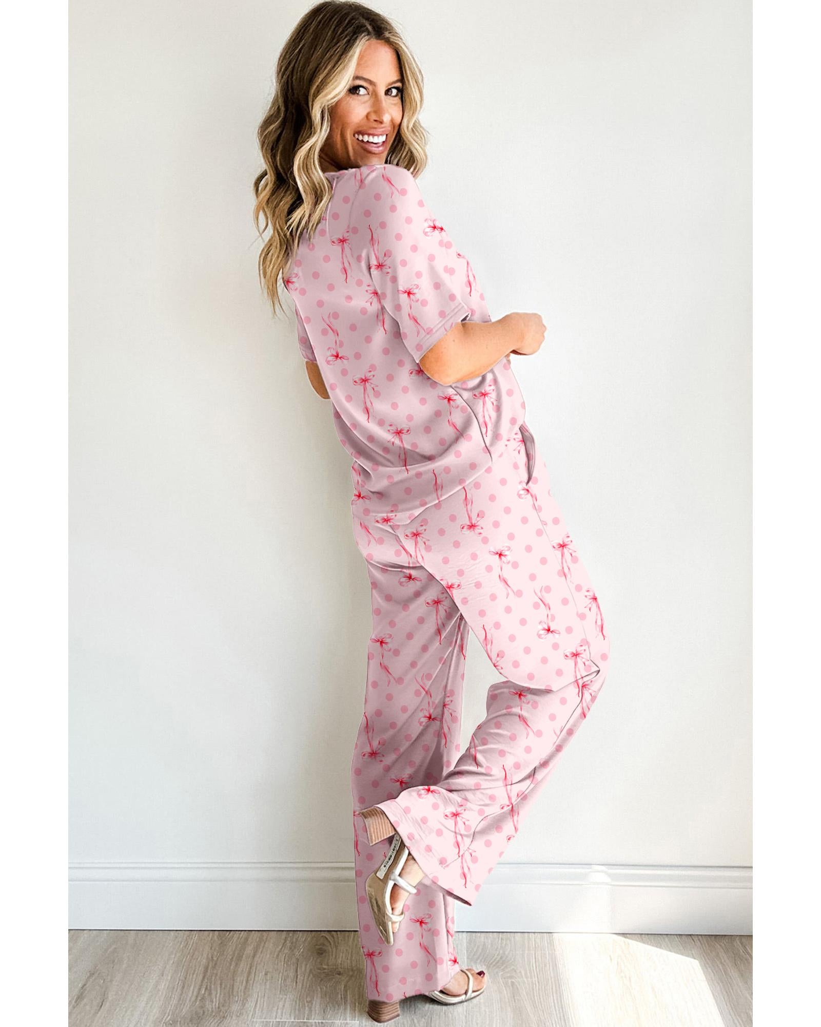 Pink Bow Knot Polka Dot Print Short Sleeve Top Lounge Set - XL