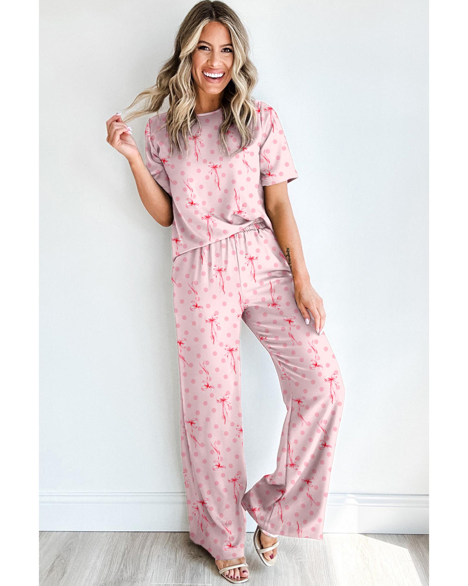 Pink Bow Knot Polka Dot Print Short Sleeve Top Lounge Set - XL