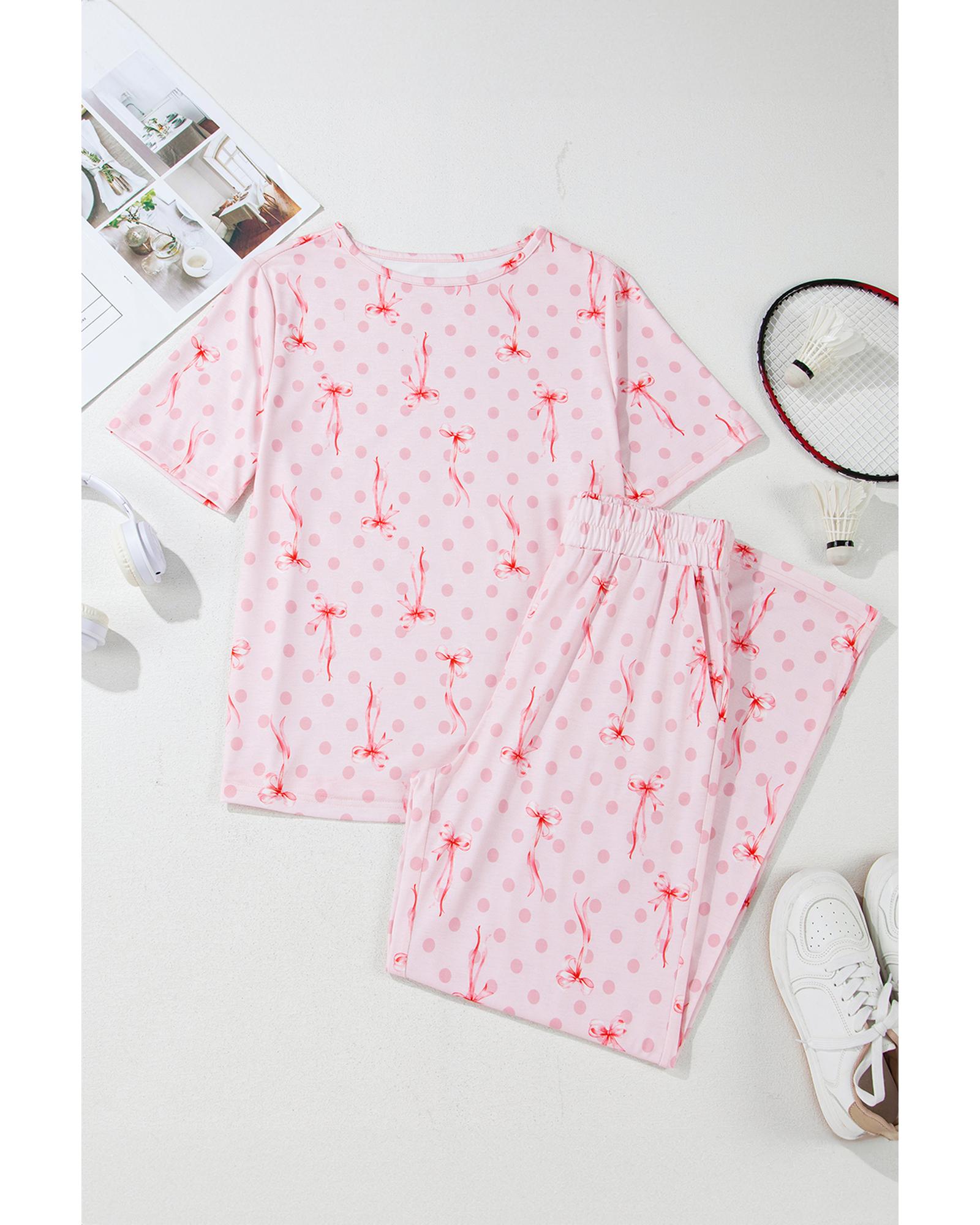 Pink Bow Knot Polka Dot Print Short Sleeve Top Lounge Set - XL