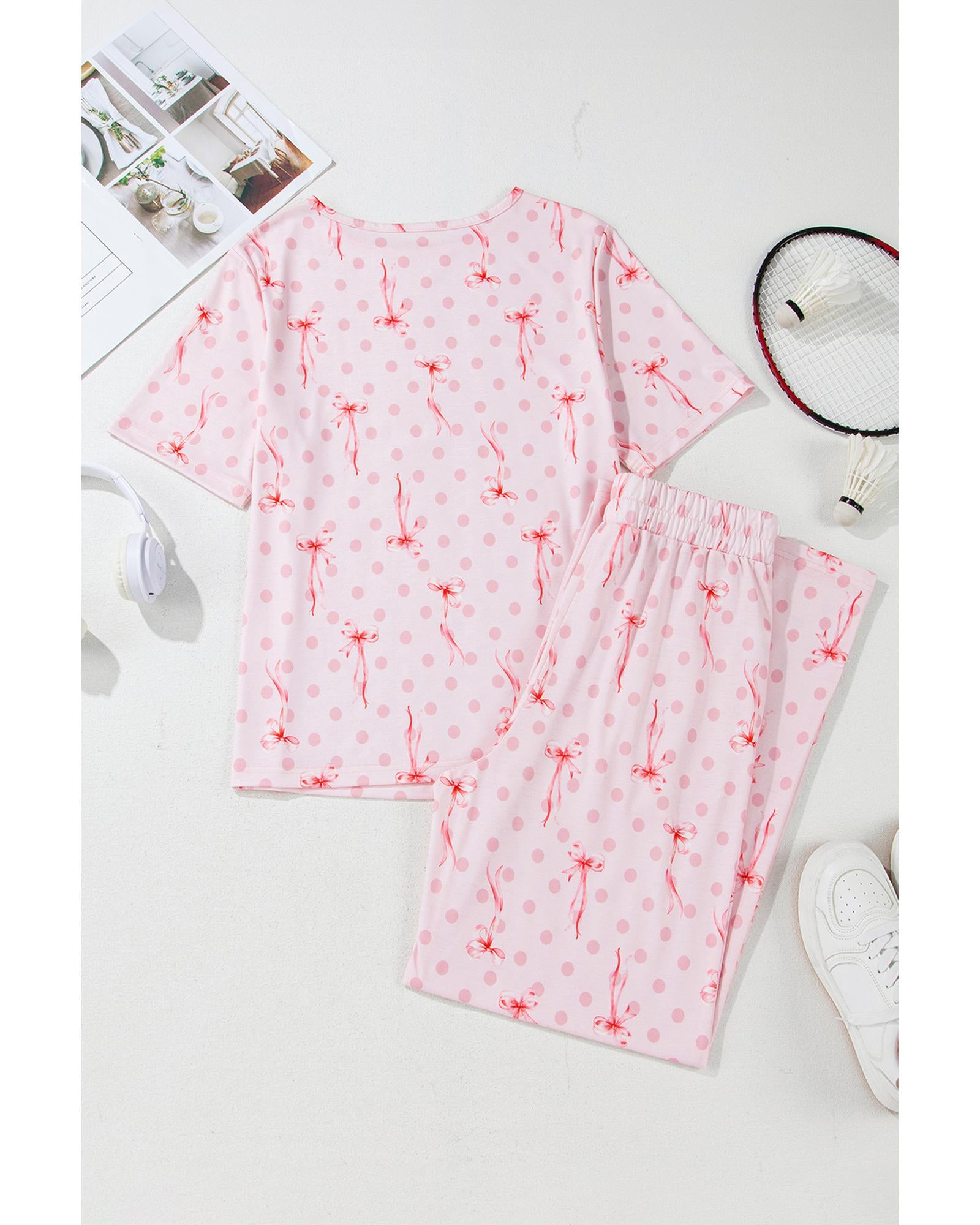 Pink Bow Knot Polka Dot Print Short Sleeve Top Lounge Set - XL