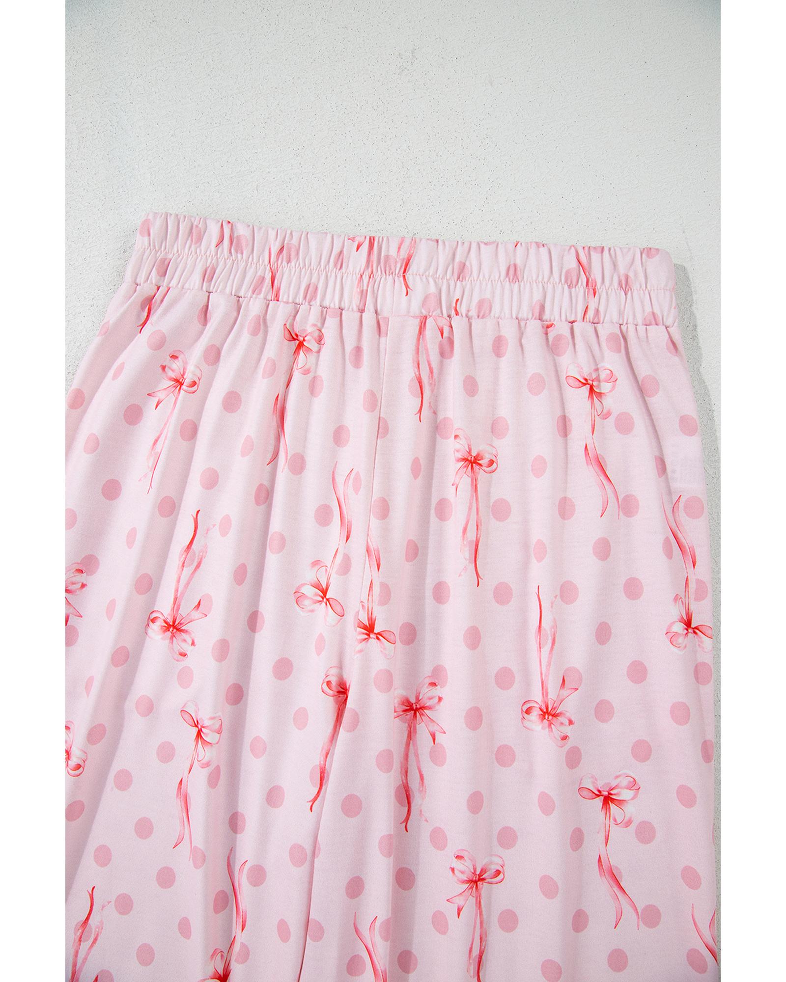 Pink Bow Knot Polka Dot Print Short Sleeve Top Lounge Set - XL