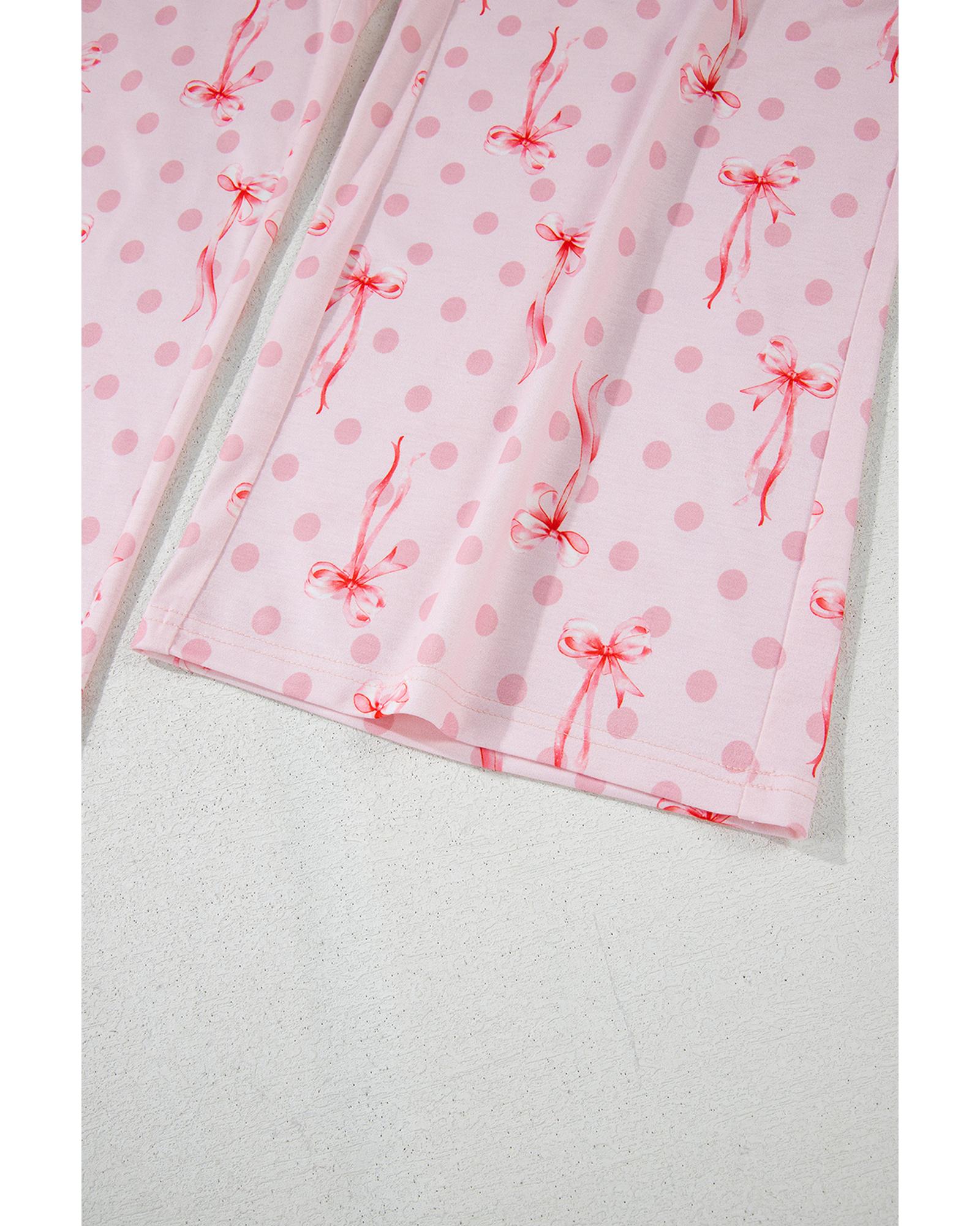 Pink Bow Knot Polka Dot Print Short Sleeve Top Lounge Set - XL