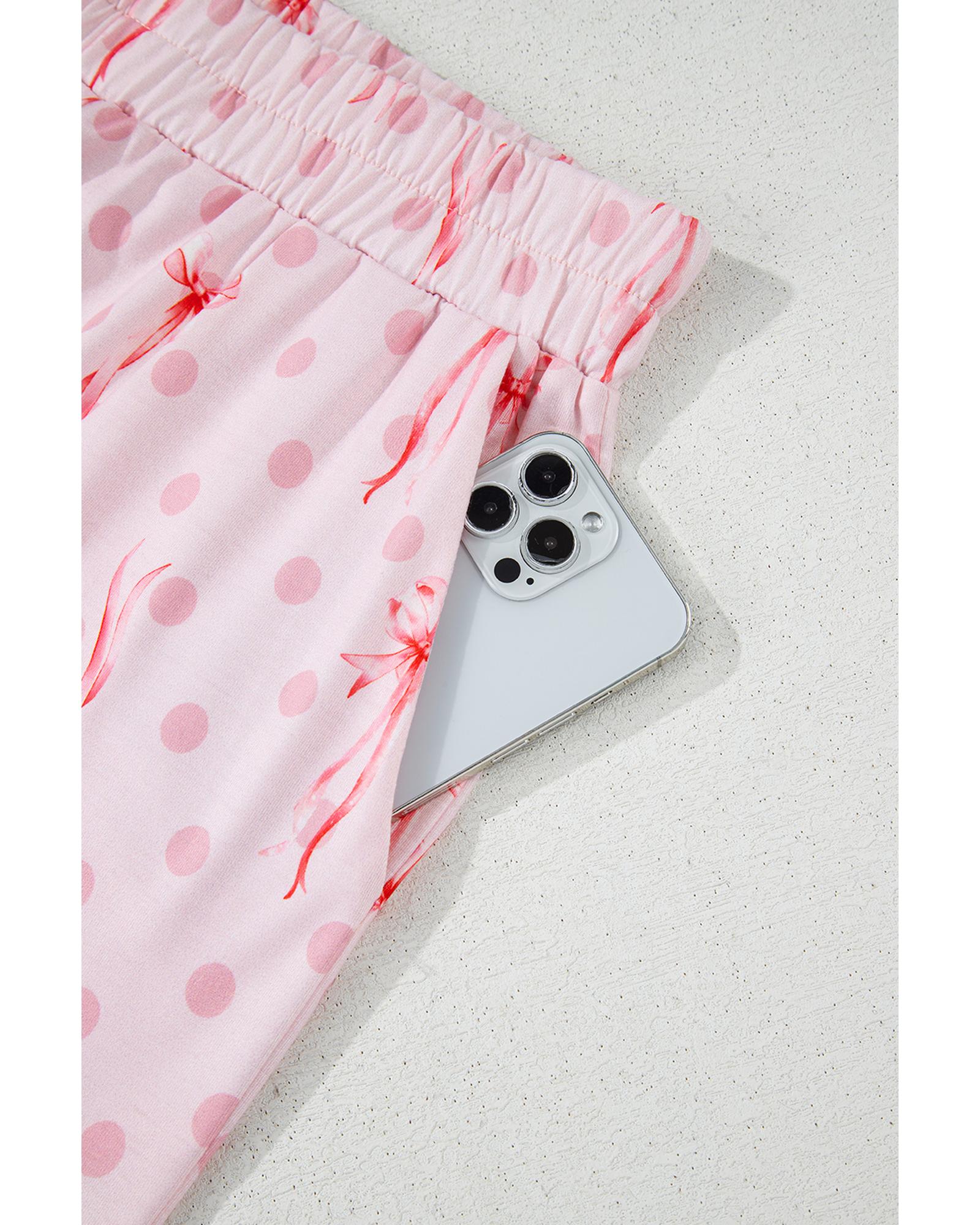 Pink Bow Knot Polka Dot Print Short Sleeve Top Lounge Set - XL