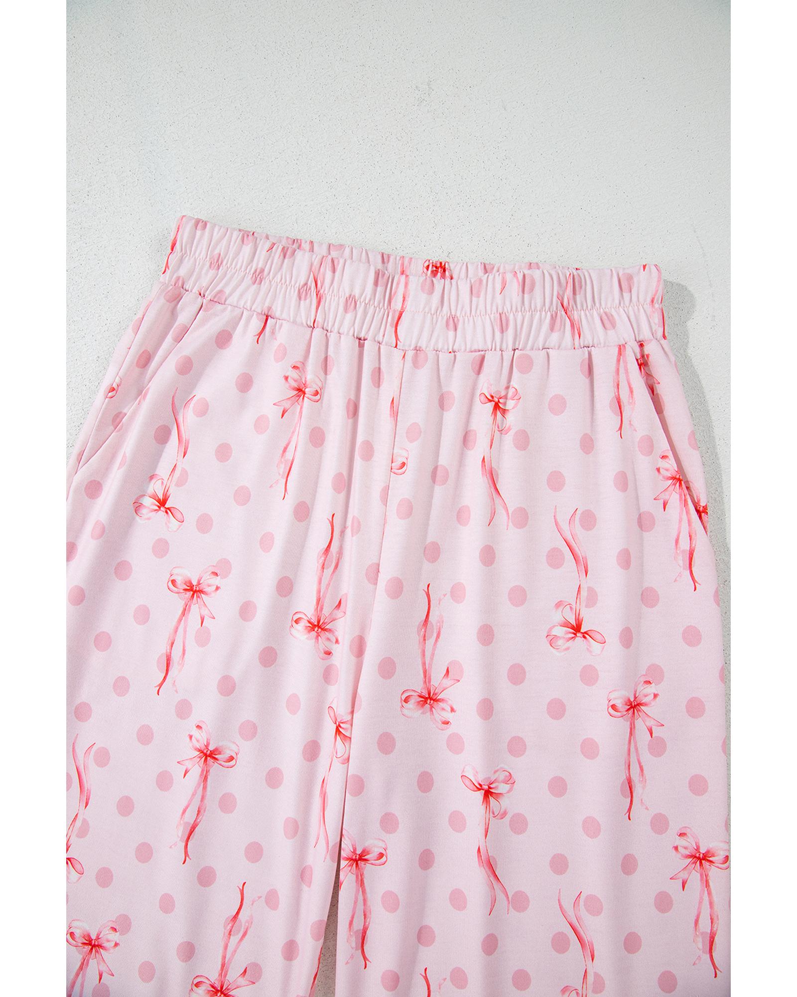 Pink Bow Knot Polka Dot Print Short Sleeve Top Lounge Set - XL