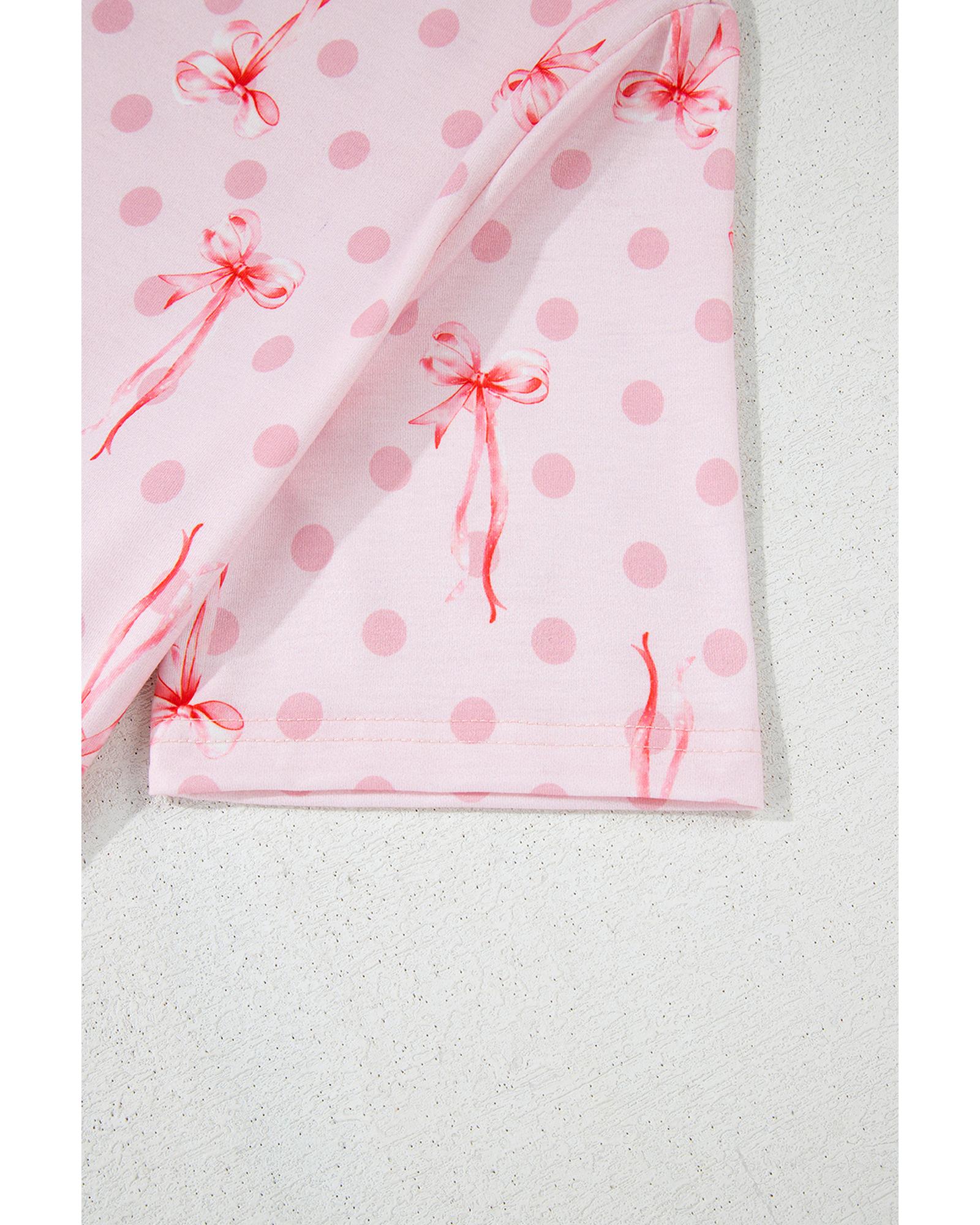 Pink Bow Knot Polka Dot Print Short Sleeve Top Lounge Set - XL