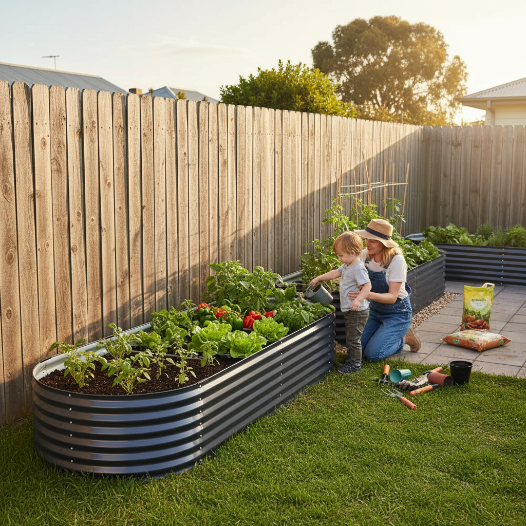 Family tending to 3.2m twin pack along fence