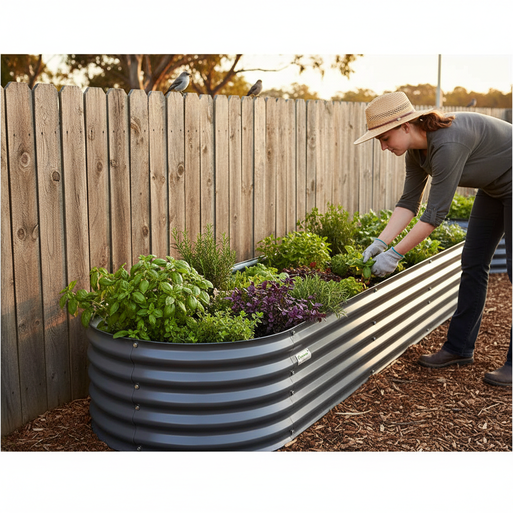 Gardener harvesting from 3.2m raised bed along fence
