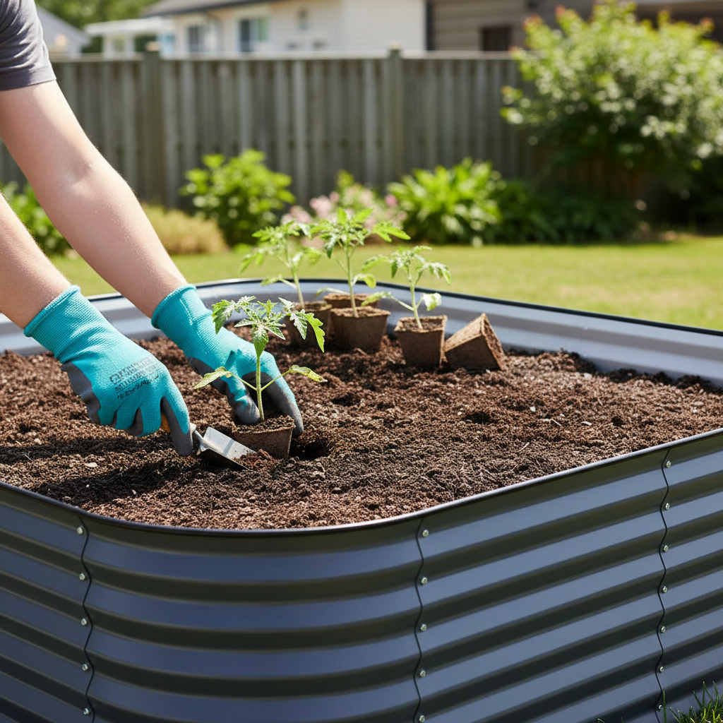 Hands planting in 56cm deep raised garden bed