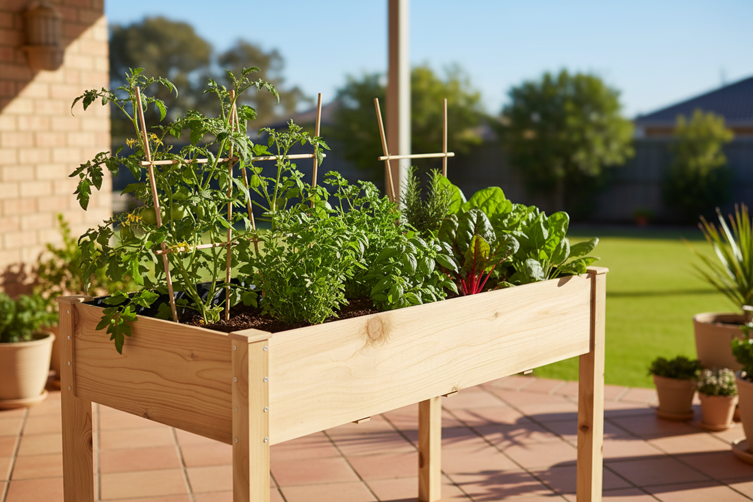 Greenfingers elevated wooden raised garden bed 120x60x80cm in natural fir wood on sunny Australian patio with tomatoes and herbs growing
