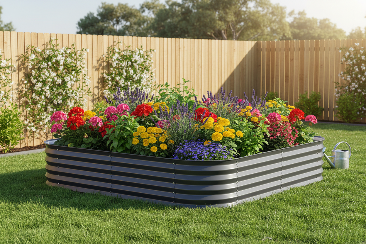 Greenfingers 40cm galvanised steel raised garden bed in Australian backyard with flowering plants and herbs