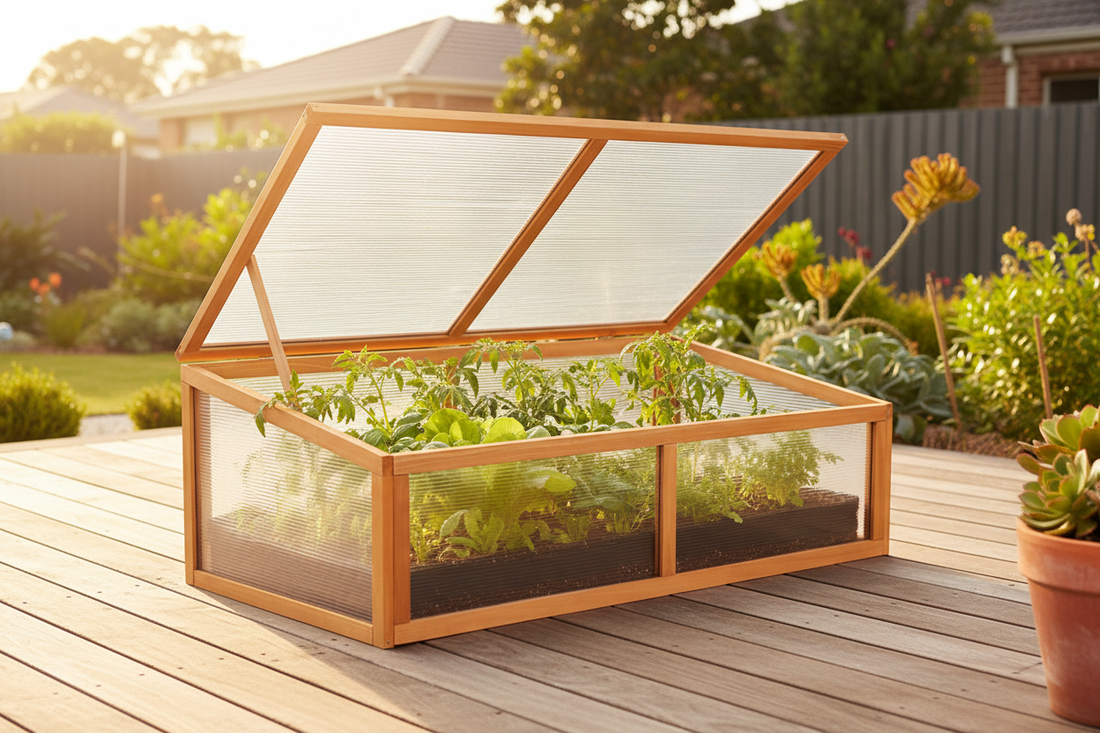 Greenfingers raised garden bed with polycarbonate cover styled in an Australian backyard, roof panel tilted open, seedlings and vegetables growing inside with sunlight filtering through translucent sides