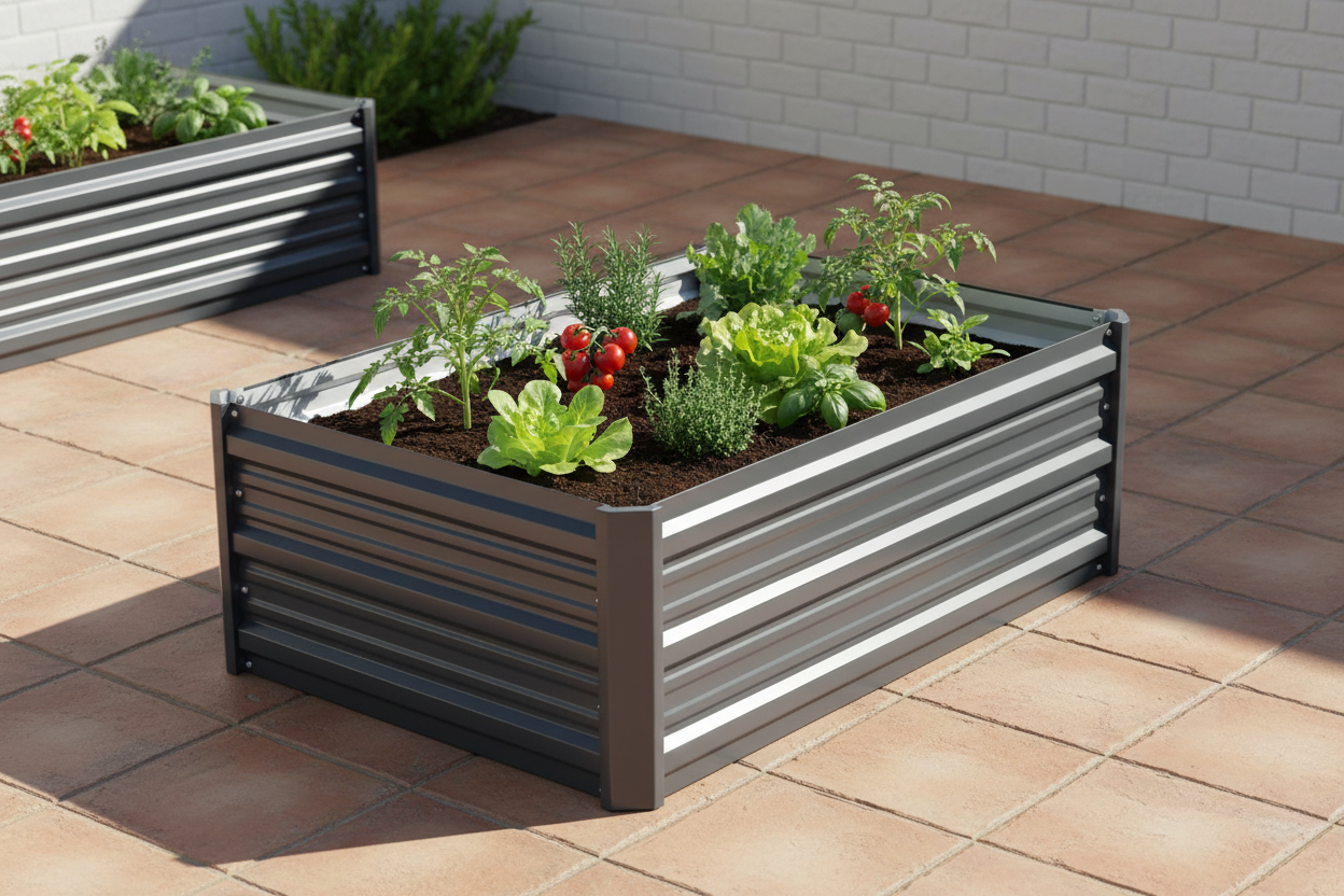 Greenfingers 80x60x30cm galvanised steel raised garden bed in cool aluminium grey on sunny Australian patio with tomatoes and herbs growing