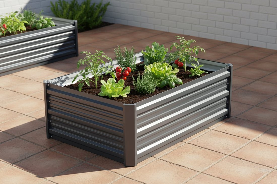 Greenfingers 80x60x30cm galvanised steel raised garden bed in cool aluminium grey on sunny Australian patio with tomatoes and herbs growing