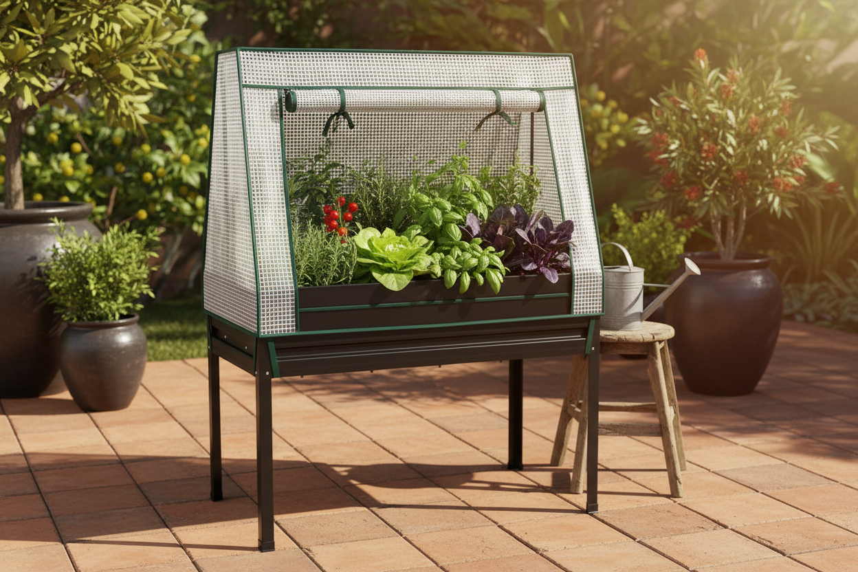 Greenfingers elevated raised garden bed with greenhouse cover on sunny Australian patio with vegetables growing inside
