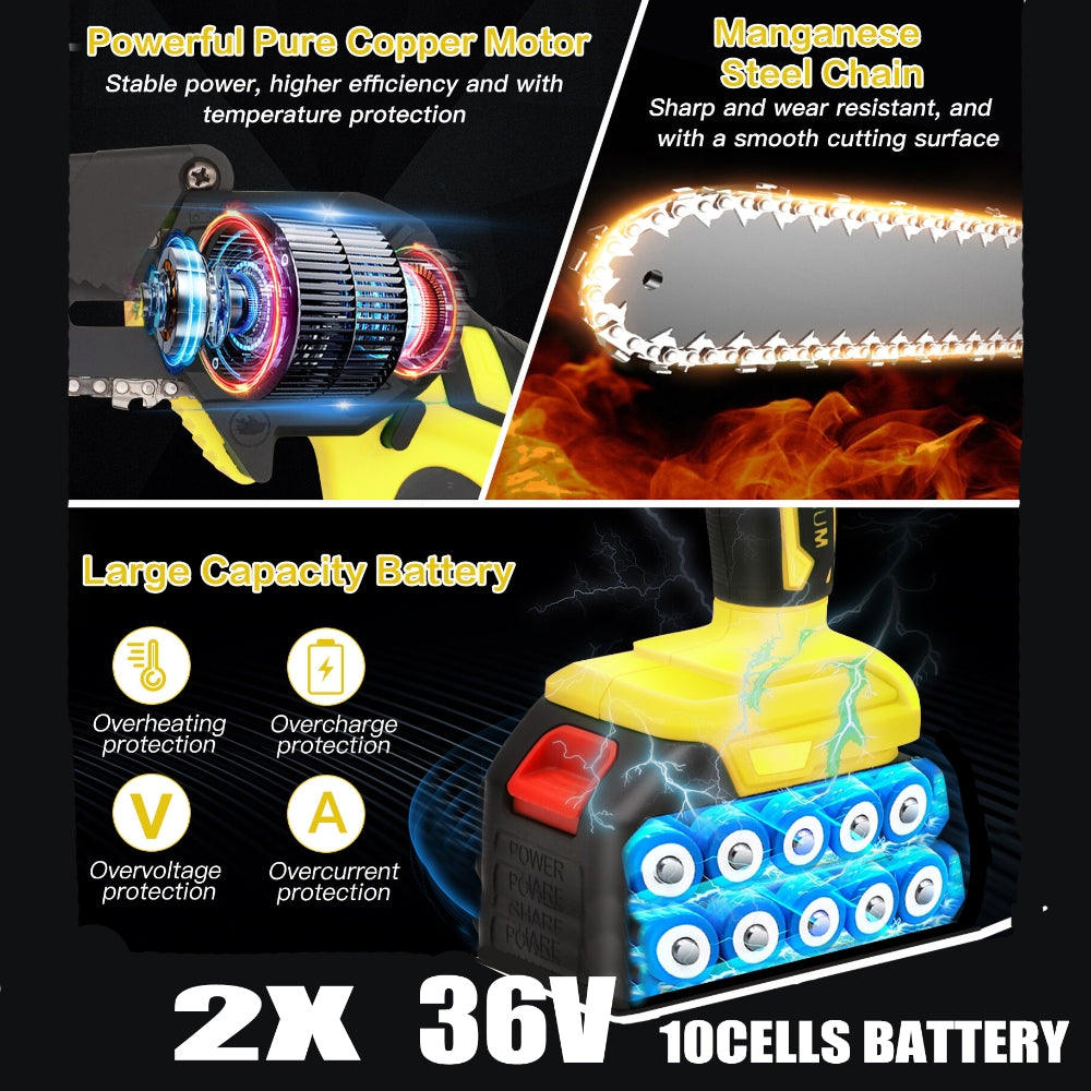 Mini Cordless Electric Chainsaw 2XBattery 36V Wood Cutter Rechargeable