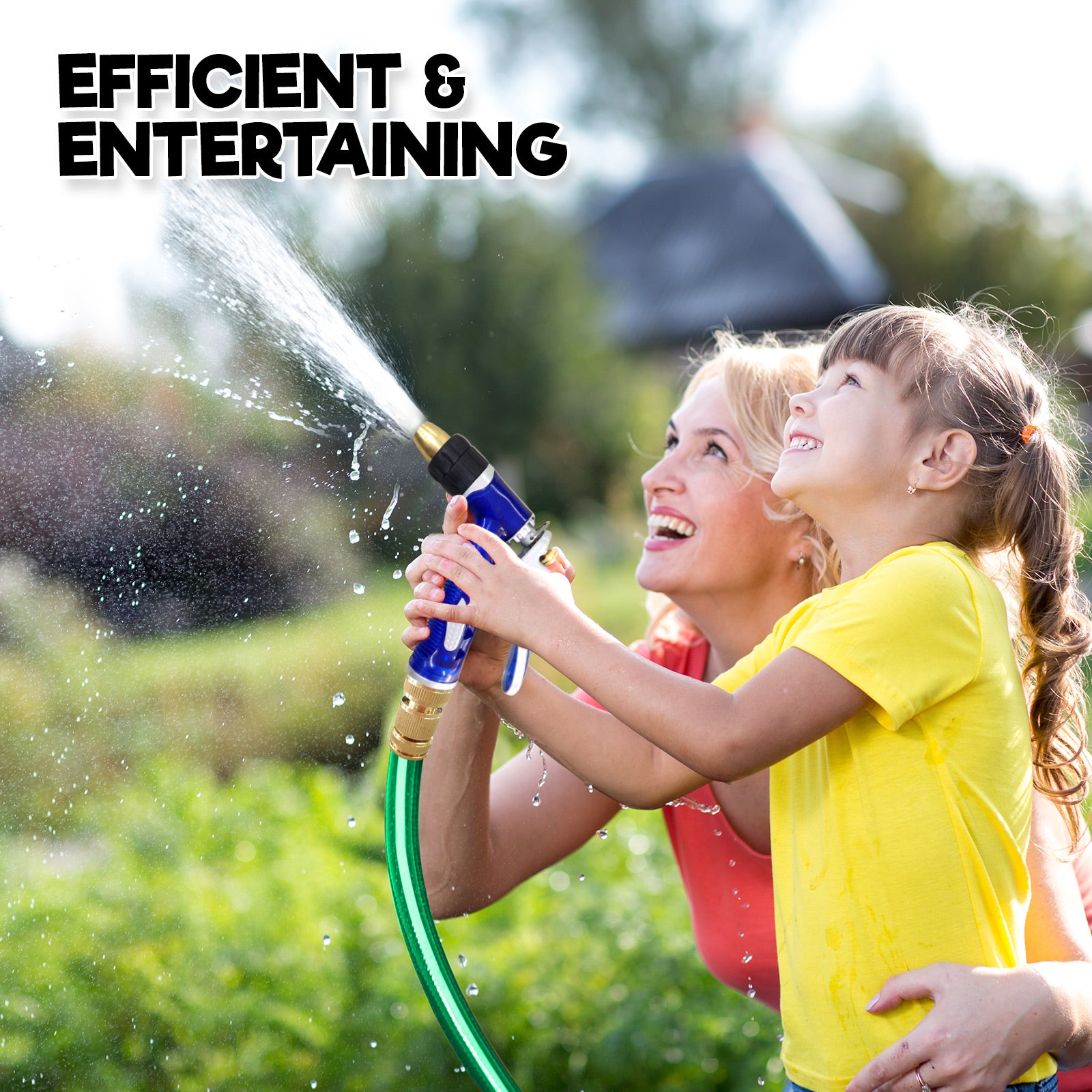 Mum and daughter with garden hose