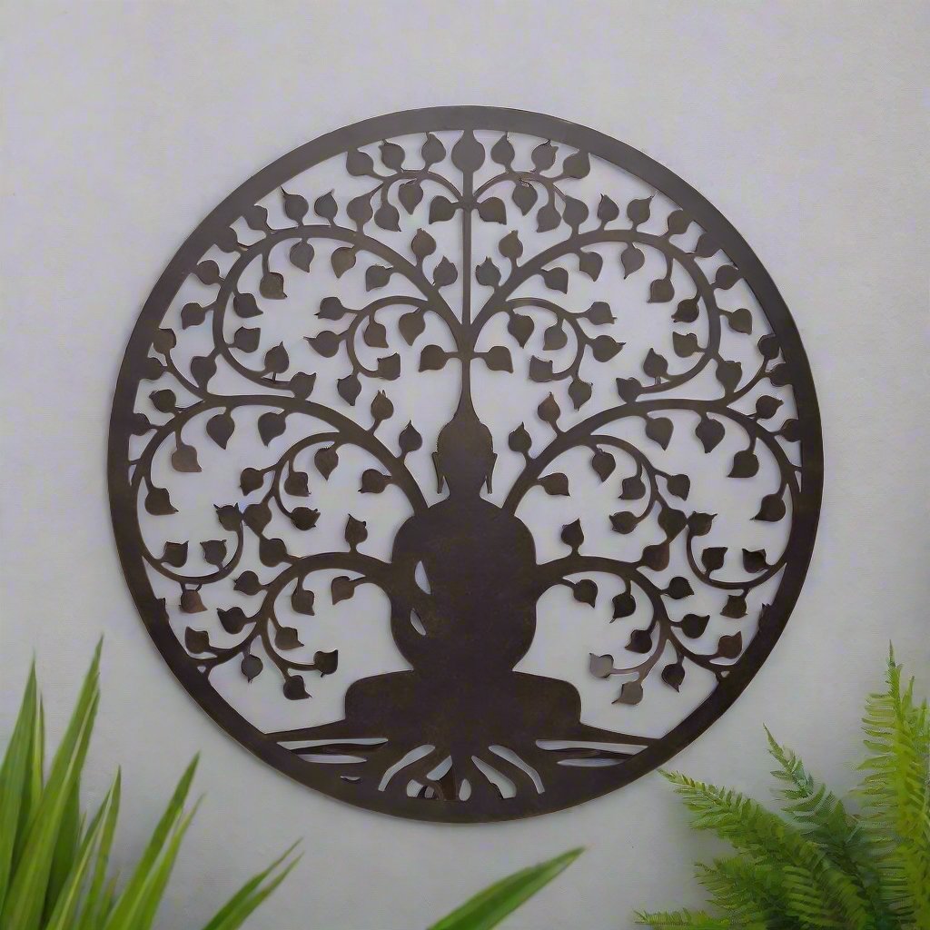 Willow &amp; Silk Metal 80cm Meditating Buddha Serenity Tree Round Wall Art