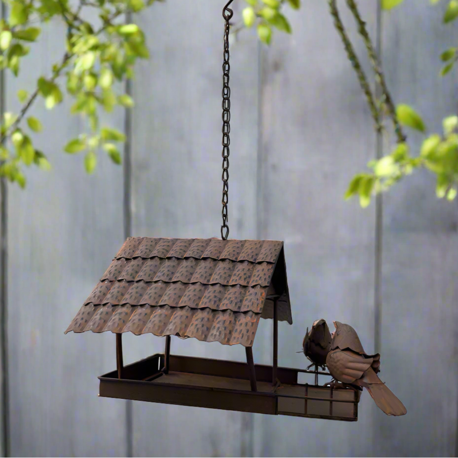 Willow & Silk Metal 70cm Hanging Rust Garden Birdhouse w/2 Birds