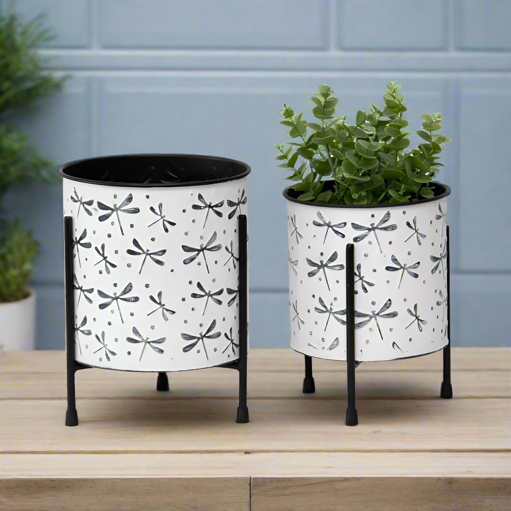 Willow & Silk Nested Metal 24/21cm Set of 2 Dragonfly Pot/Planter w/ Stands
