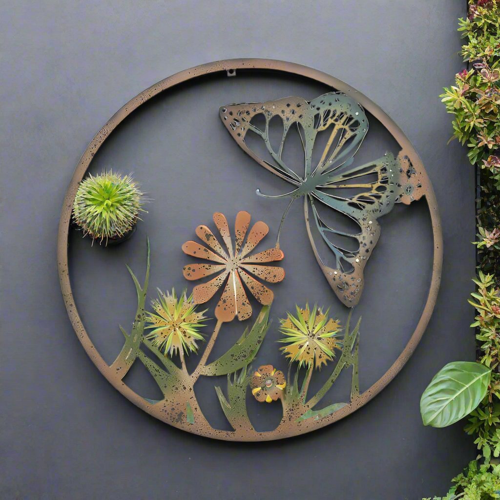 Willow &amp; Silk Flowers &amp; Butterfly Round Metal Wall Art 70cm