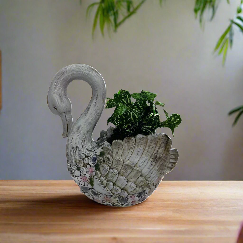 Willow &amp; Silk Polyresin 45cm Swan w/ Flowers Garden Planter 