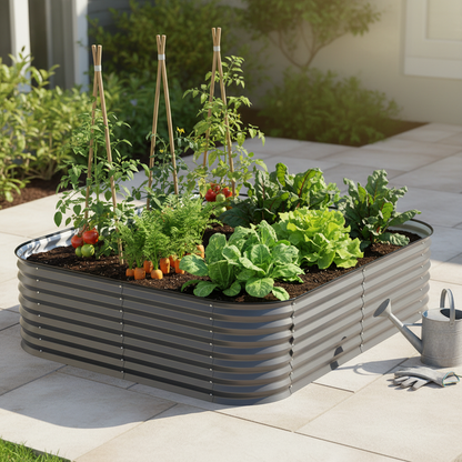 56cm garden bed with deep-rooted vegetables on patio