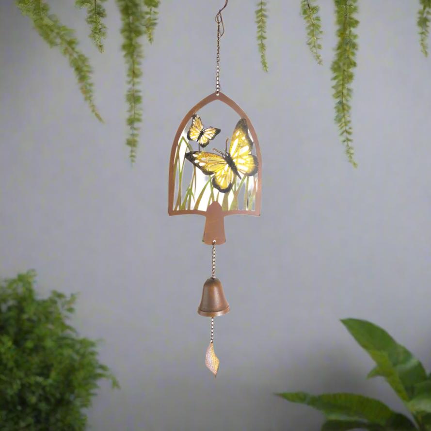 Willow &amp; Silk Hanging 70cm Metal Arch Butterfly &amp; Leaves w/ Bell Chime