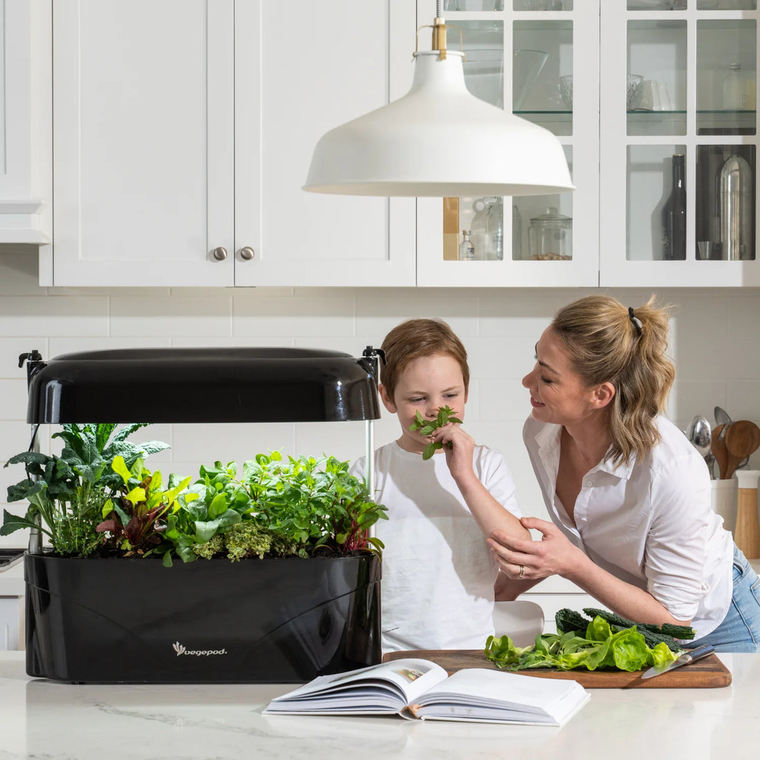Lady & son with Vegepod Kitchen Garden Black - Planters Raised Gardens Australia