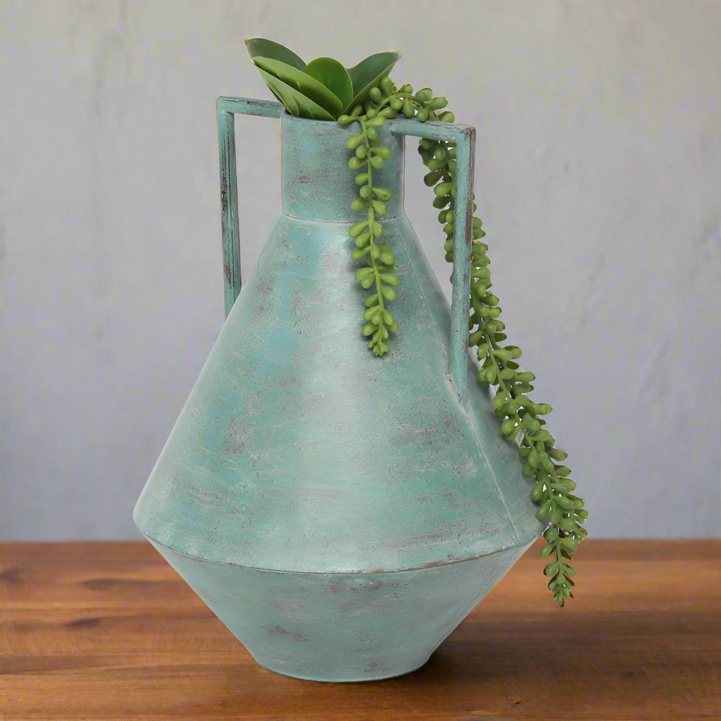 Willow & Silk Vintage Metal 32cm Aqua Urn Pot/Planter/Ornament w/ Handle
