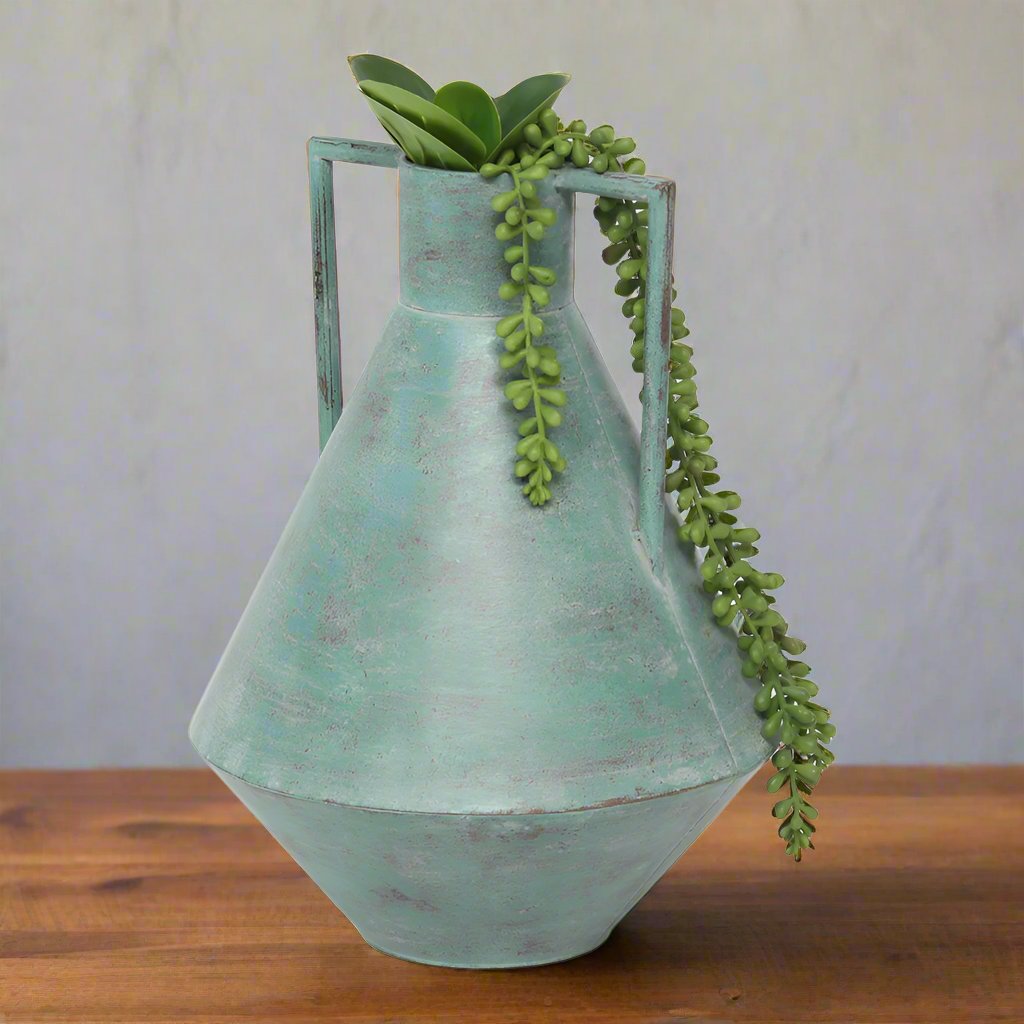 Willow &amp; Silk Vintage Metal 32cm Aqua Urn Pot/Planter/Ornament w/ Handle