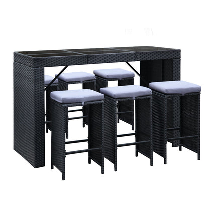 Gardeon 7-Piece Outdoor Bar Set — PE Wicker &amp; Glass Table, 6 Stools, Black