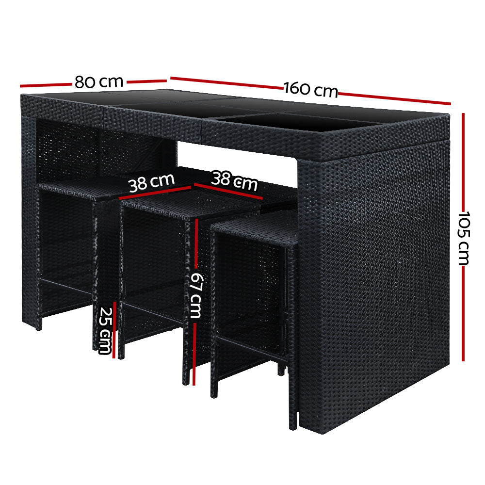 Gardeon 7-Piece Outdoor Bar Set — PE Wicker &amp; Glass Table, 6 Stools, Black
