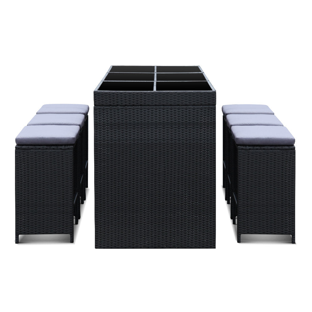 Gardeon 7-Piece Outdoor Bar Set — PE Wicker &amp; Glass Table, 6 Stools, Black