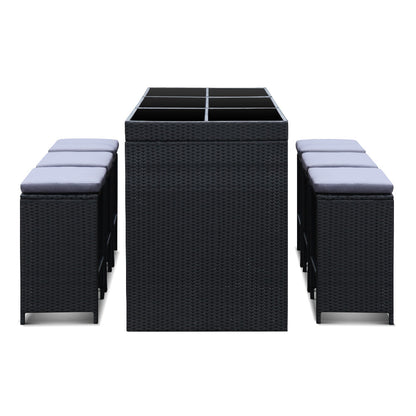 Gardeon 7-Piece Outdoor Bar Set — PE Wicker &amp; Glass Table, 6 Stools, Black