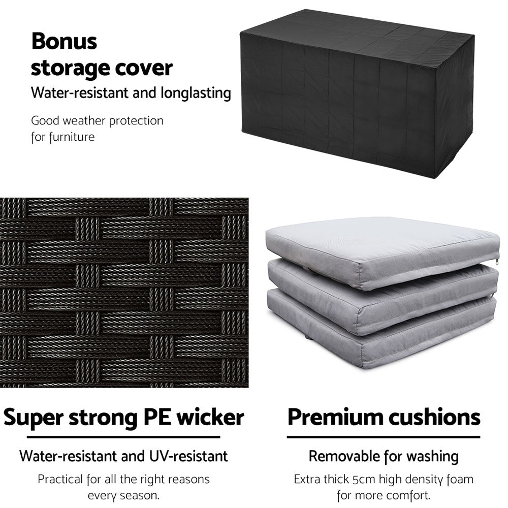 Gardeon 7-Piece Outdoor Bar Set — PE Wicker &amp; Glass Table, 6 Stools, Black