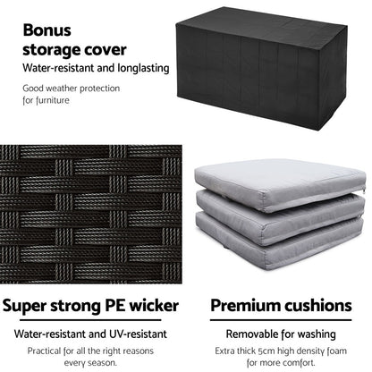 Gardeon 7-Piece Outdoor Bar Set — PE Wicker &amp; Glass Table, 6 Stools, Black