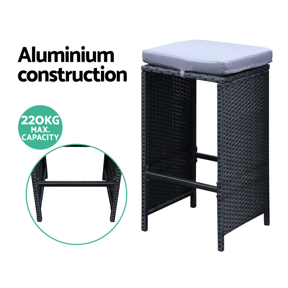 Gardeon 7-Piece Outdoor Bar Set — PE Wicker &amp; Glass Table, 6 Stools, Black