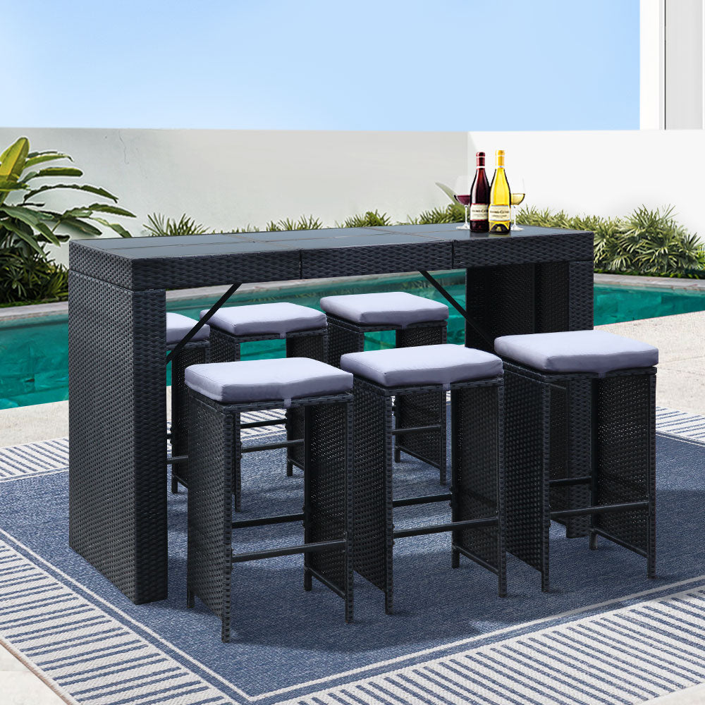 Gardeon 7-Piece Outdoor Bar Set — PE Wicker &amp; Glass Table, 6 Stools, Black